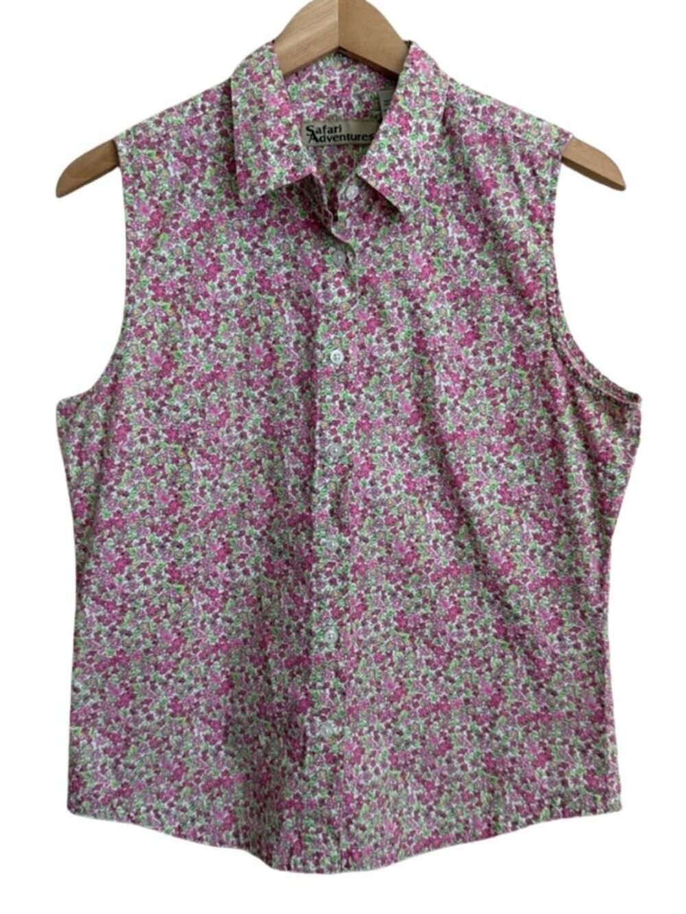Safari Adventures Vintage Floral Sleeveless Button Down Shirt Large Cotton Pink